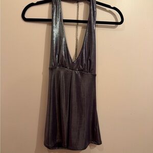 Guess Metallic Silver Plunge Halter Top Y2K Vintage